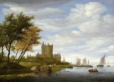 Riviermonding met een kasteel door Salomon van Ruisdael or Ruysdael